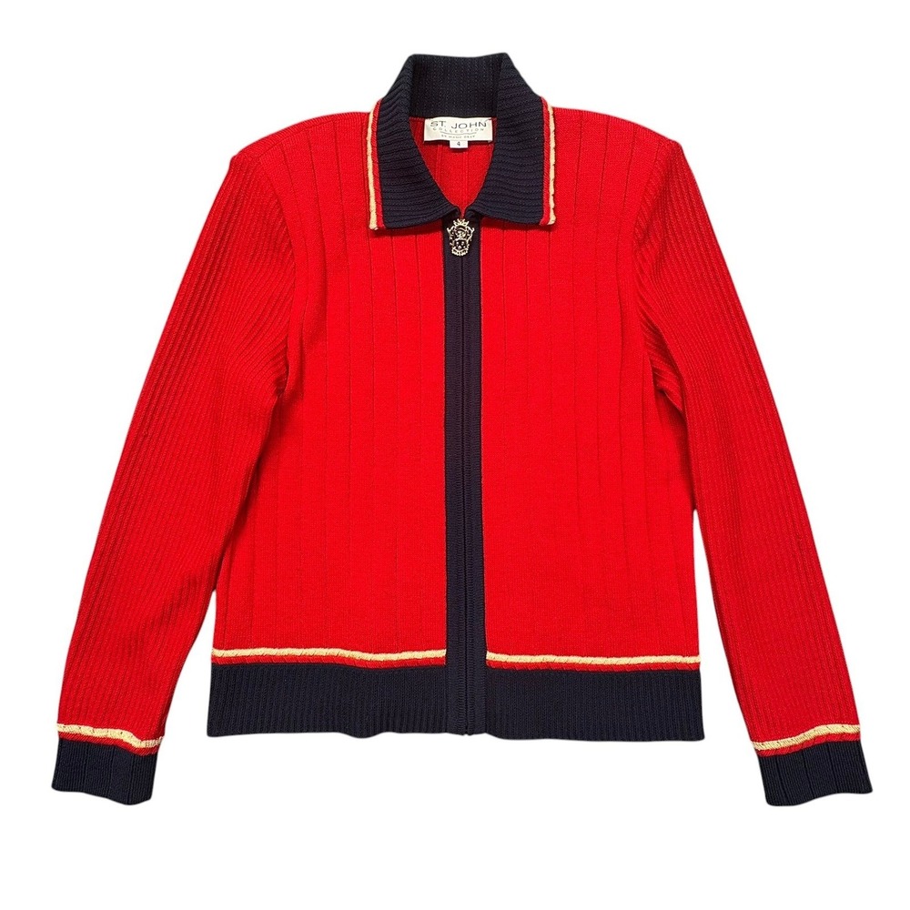 St John Santana Knit Full Zip Jacket Womens 4 Red Navy Gold Crest Nautical VTG - Picture 6 of 10